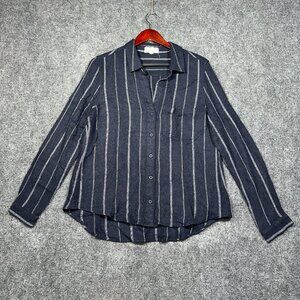 Cloth & Stone Blouse Womens Large  Blue Striped Button Up Long Sleeve V Neck